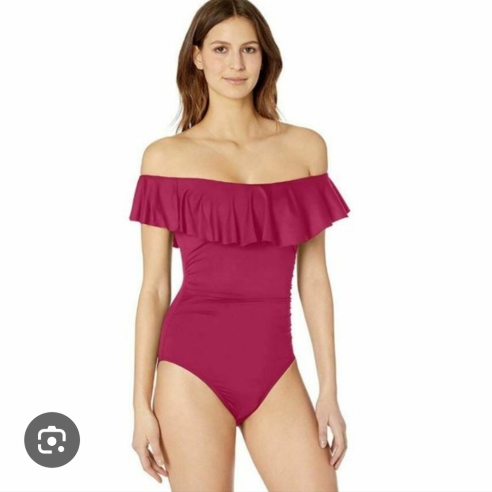La Blanca Off the Shoulder One-Piece Swimsuit burgundy wine Size 14